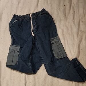 Dark Blue Cargo Pants with Elastic Waist